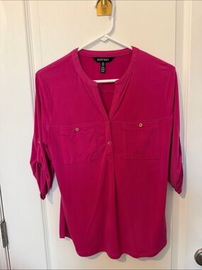Ellen Tracy Top - Fuchsia Button-Front Split-Neck Tunic